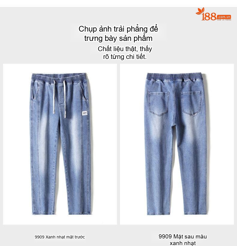 Quần Jean Nam Dáng Rộng Ống Suông Lưng Thun Co Giãn Phong Cách Retro Màu Xanh Dương, Xám Đen chi tiết 10