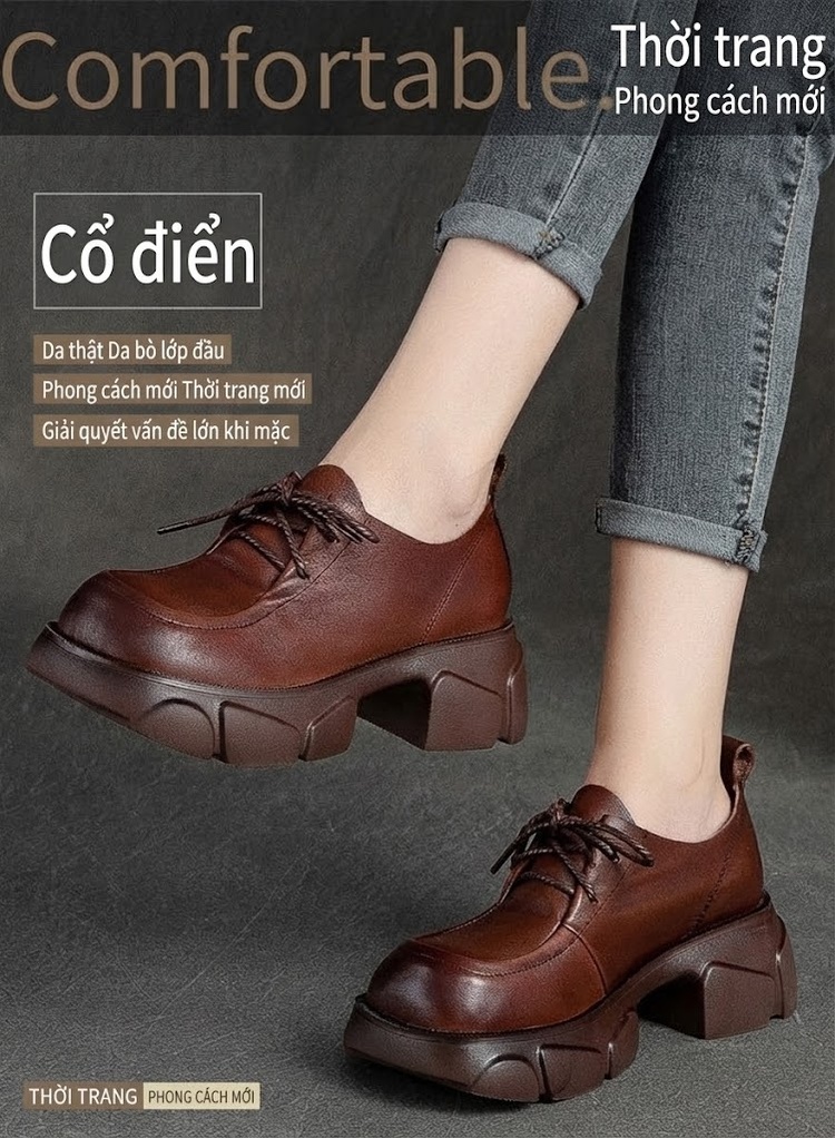 Giày Oxford Nữ Da Bò Đế Bánh Mì Chiều Cao Đế Khoảng 6cm Màu Đen, Nâu chi tiết 1