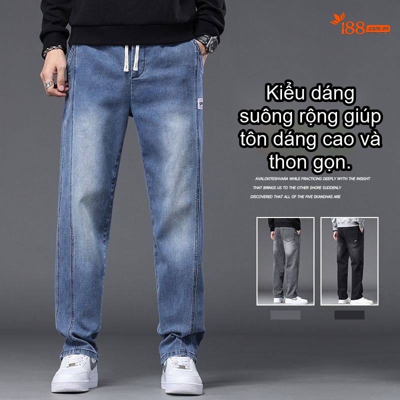 Quần Jean Nam Dáng Rộng Ống Suông Lưng Thun Co Giãn Phong Cách Retro Màu Xanh Dương, Xám Đen