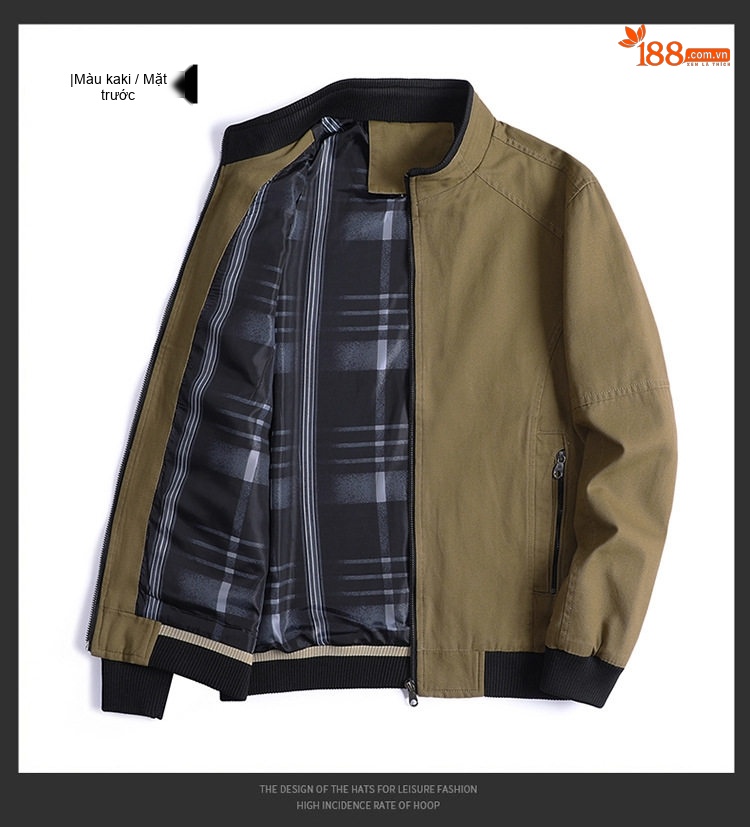 Áo Khoác Bomber Nam Cotton Dáng Đứng Cổ Giản Dị Màu Xanh Olive, Đỏ, Xanh Lá, Đen... chi tiết 12