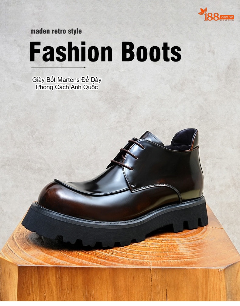 Giày Boot Martin Nam Da Bò Thủ Công Tăng Chiều Cao 4.5cm Đế Dày Phong Cách Anh Quốc Màu Đen chi tiết 1