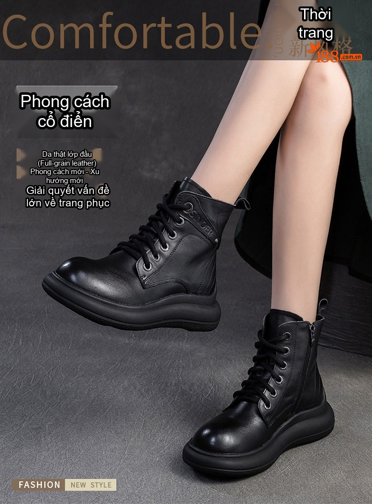 Boot Nữ Cổ Ngắn Ôm Chân Da Mờ Phong Cách Retro Chiều Cao Đế Khoảng 4cm Màu Nâu, Đen chi tiết 1