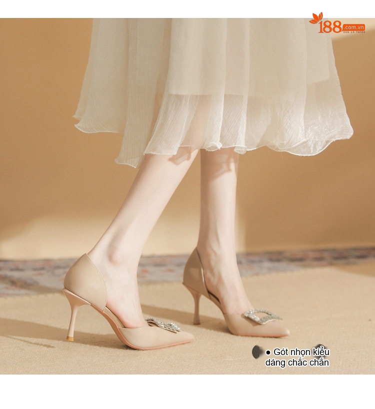 Giày Cao Gót Nữ Da Cừu Mũi Nhọn Khóa Vuông Đính Đá Chiều Cao Đế Khoảng 6cm Màu Kem, Đen chi tiết 6