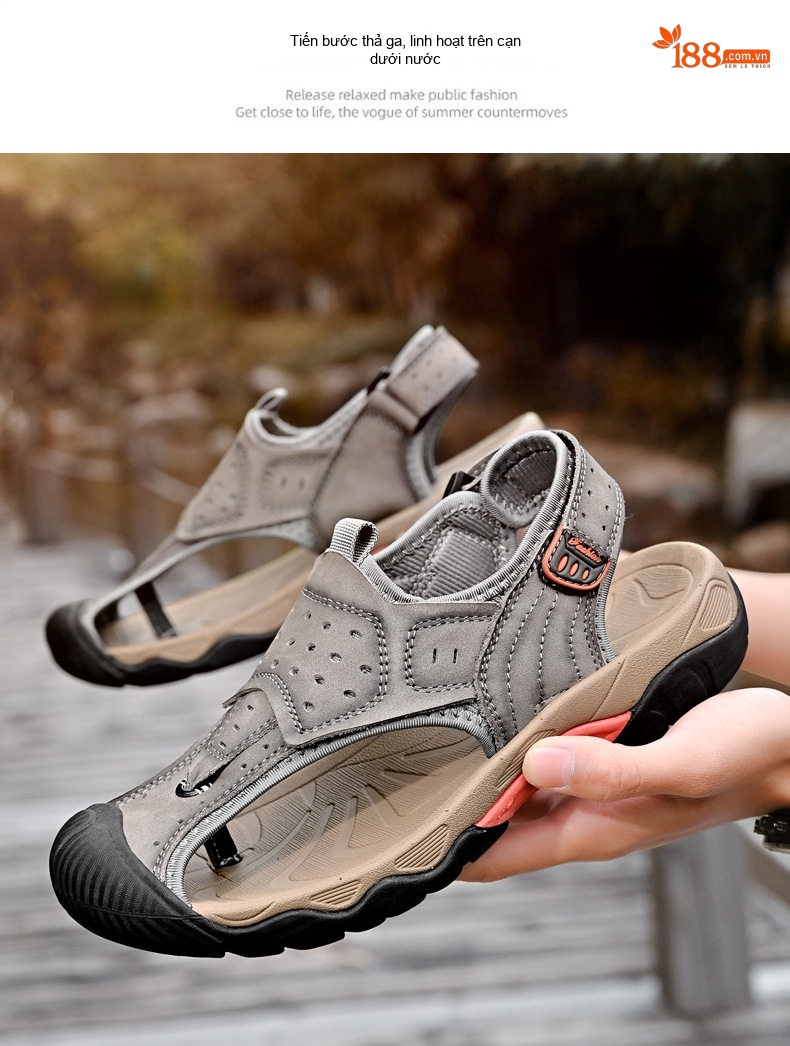 Dép Sandal Nam Da Thật Bít Mũi Thoáng Khí Chiều Cao Đế Khoảng 3cm Màu Nâu, Xám, Đen chi tiết 6