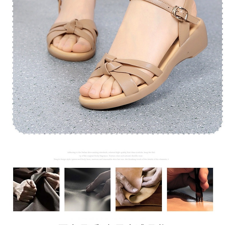 Dép Sandal Nữ Quai Ngang Da Bò Đế Cao 5cm - 6cm Màu Đen, Kem chi tiết 14