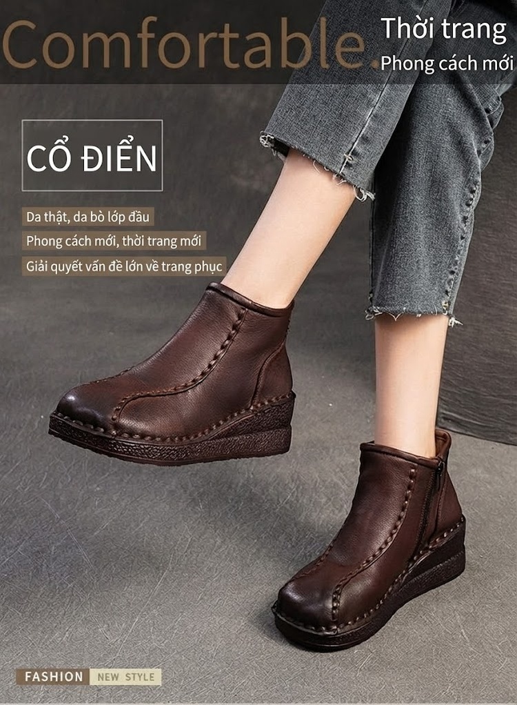 Boot Nữ Da Bò Đế Xuồng Retro Chiều Cao Đế Khoảng 4cm Màu Nâu, Đen chi tiết 1
