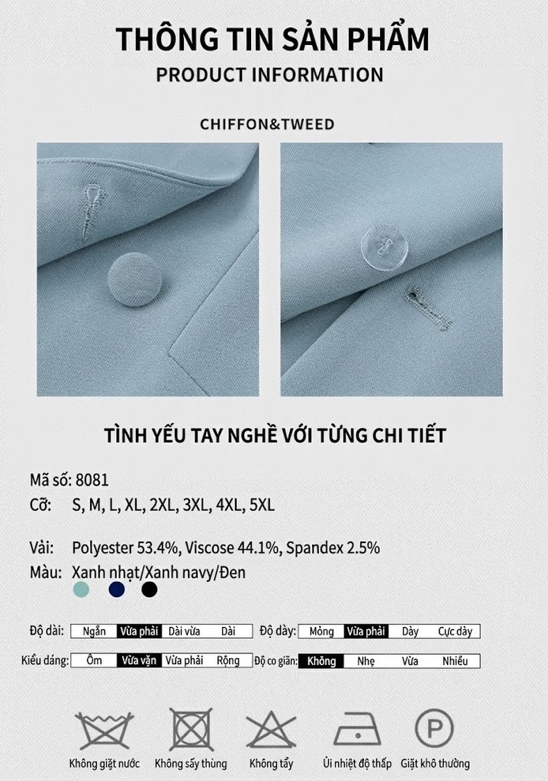 Bộ Vest Công Sở Nữ Tay Ngắn Cổ chữ V Màu Xanh Lam, Đen chi tiết 3