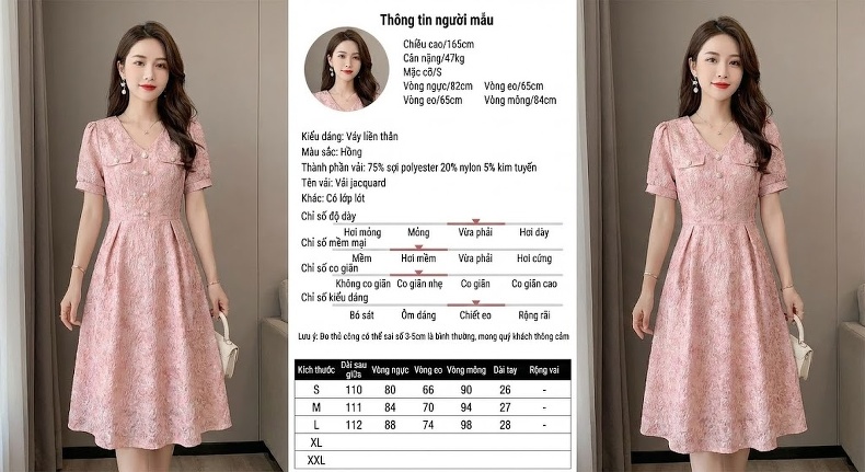Váy Liền Thân Nữ Cổ chữ V In Họa Tiết Dáng Ôm Eo Thiết Kế Đuôi Cá Phong Cách Pháp Màu Hồng chi tiết 2