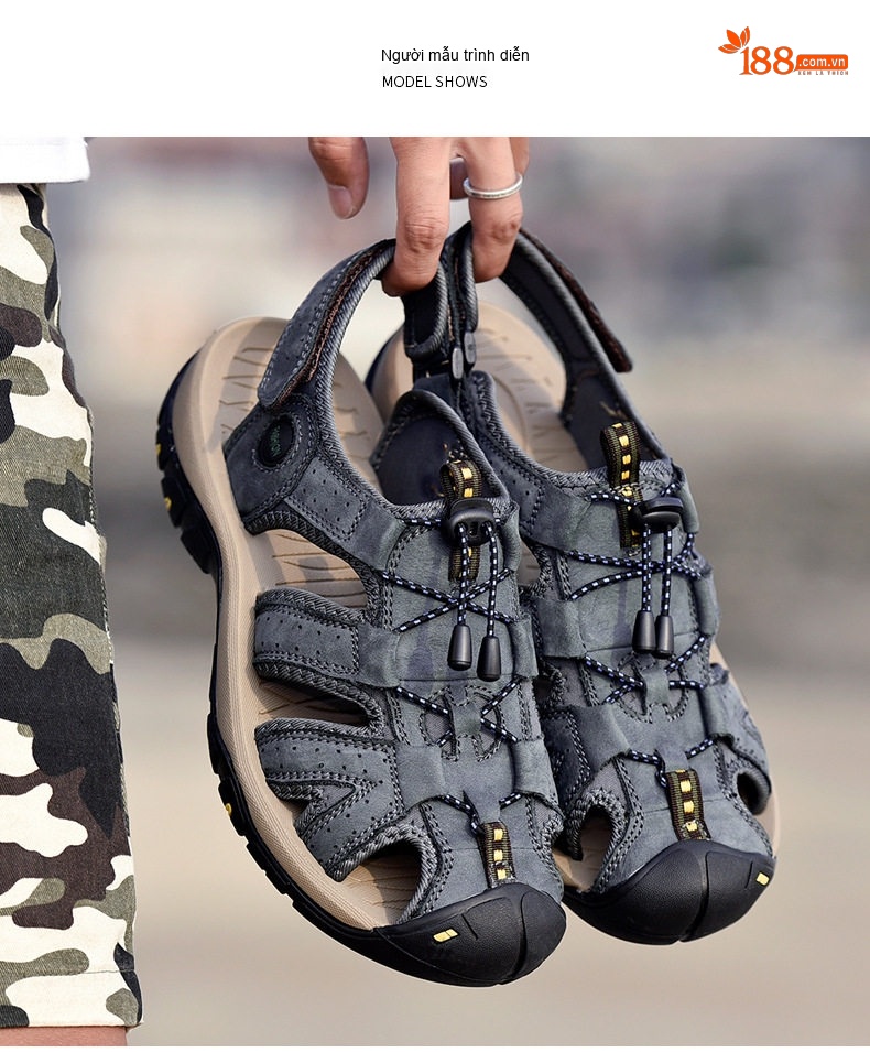 Dép Sandal Nam Bít Mũi Thoáng Khí Chống Trượt Đi Bộ Đường Dài Thủ Công Chiều Cao Đế Khoảng 3cm Màu Đen, Nâu, Xám chi tiết 12