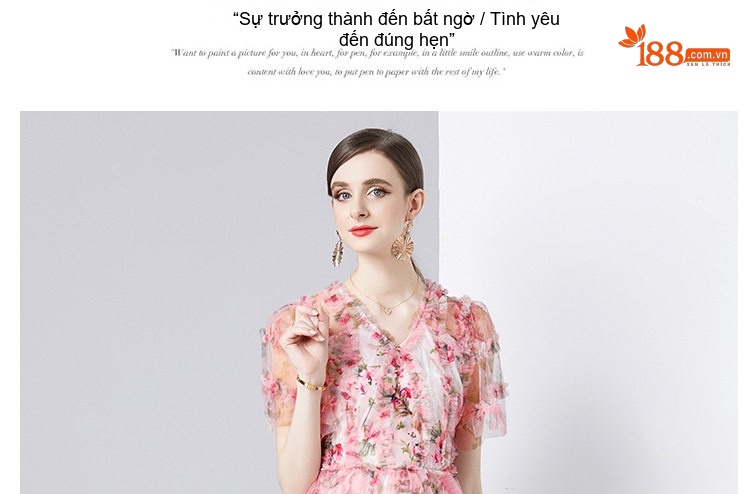 Váy Xòe Midi Nữ Cổ chữ V In Hoa Tay Ngắn Voan Lưới chi tiết 8