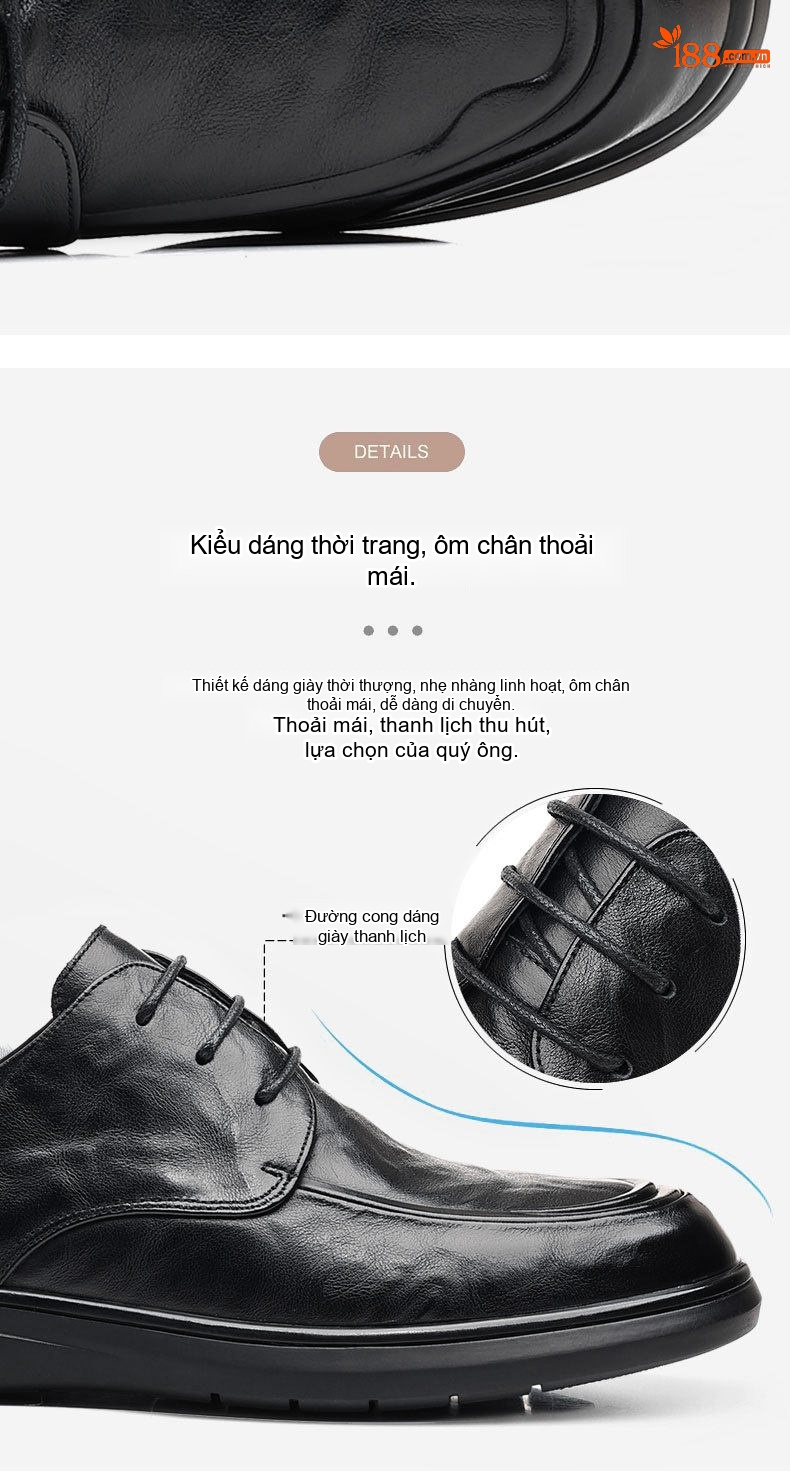 Giày Tây Buộc Dây Nam Da Bò Chiều Cao Đế Khoảng 3cm Màu Đen chi tiết 11