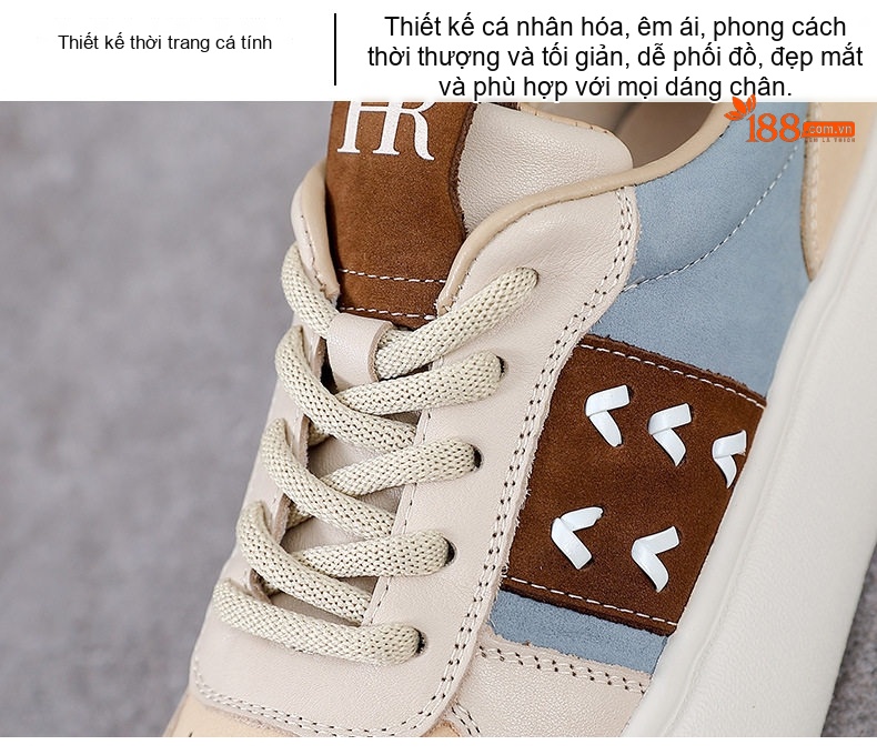 Giày Thể Thao Nữ Da Bò Đế Bánh Mì Chiều Cao Đế Khoảng 4cm Màu Be, Nâu, Xanh chi tiết 7