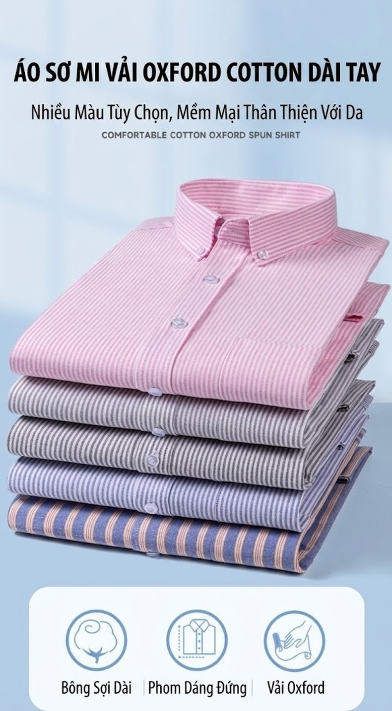 Áo Sơ Mi Nam Tay Dài Oxford Cotton Thoáng Khí Họa Tiết Kẻ Sọc Lớn Màu Xanh Dương, Đen, Trắng, Xám... chi tiết 3