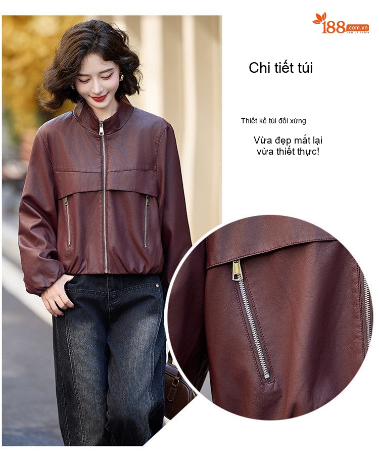 Áo Khoác Bomber Nữ Tay Lồng Đèn Cổ Trụ Da Bóng Phong Cách Thời Trang Màu Đen, Đỏ Rượu Vang chi tiết 6
