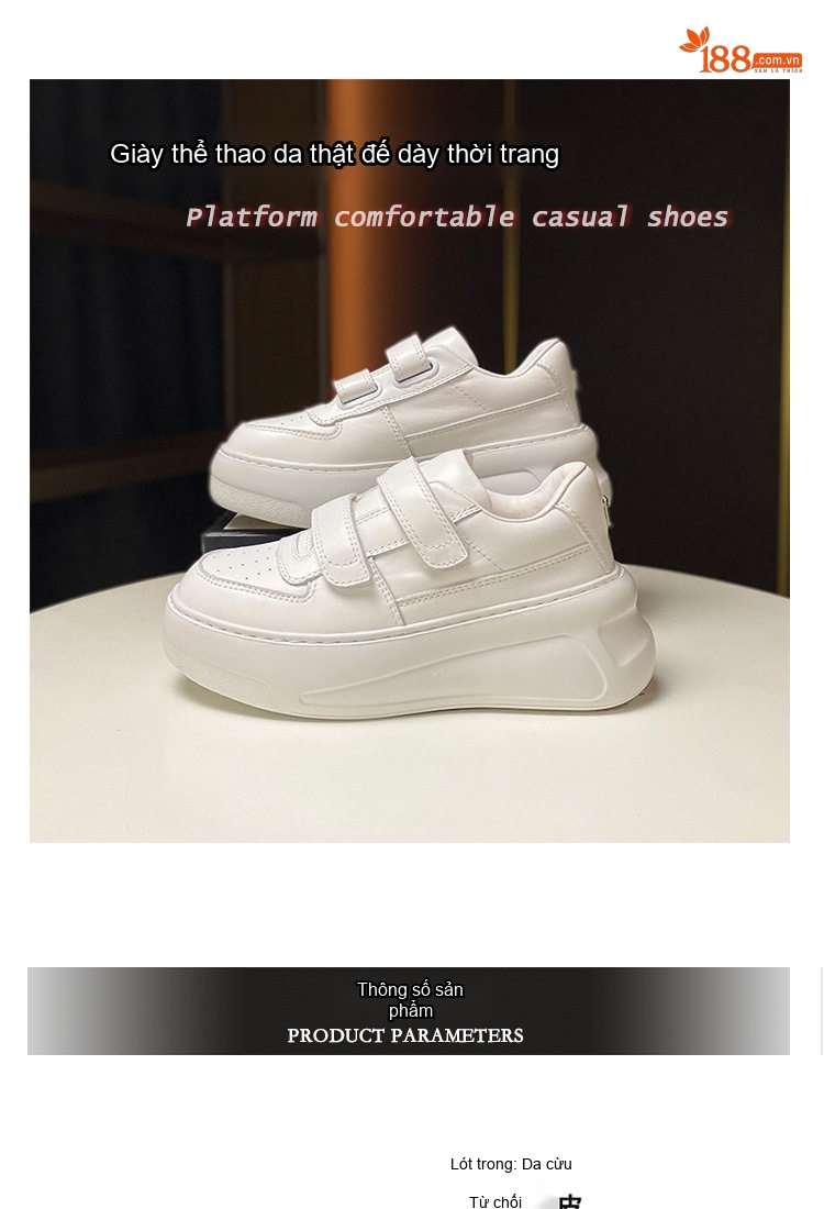 Giày Sneaker Nữ Da Bò Ma Thuật Dán Đế Cao 6cm Màu Trắng chi tiết 1