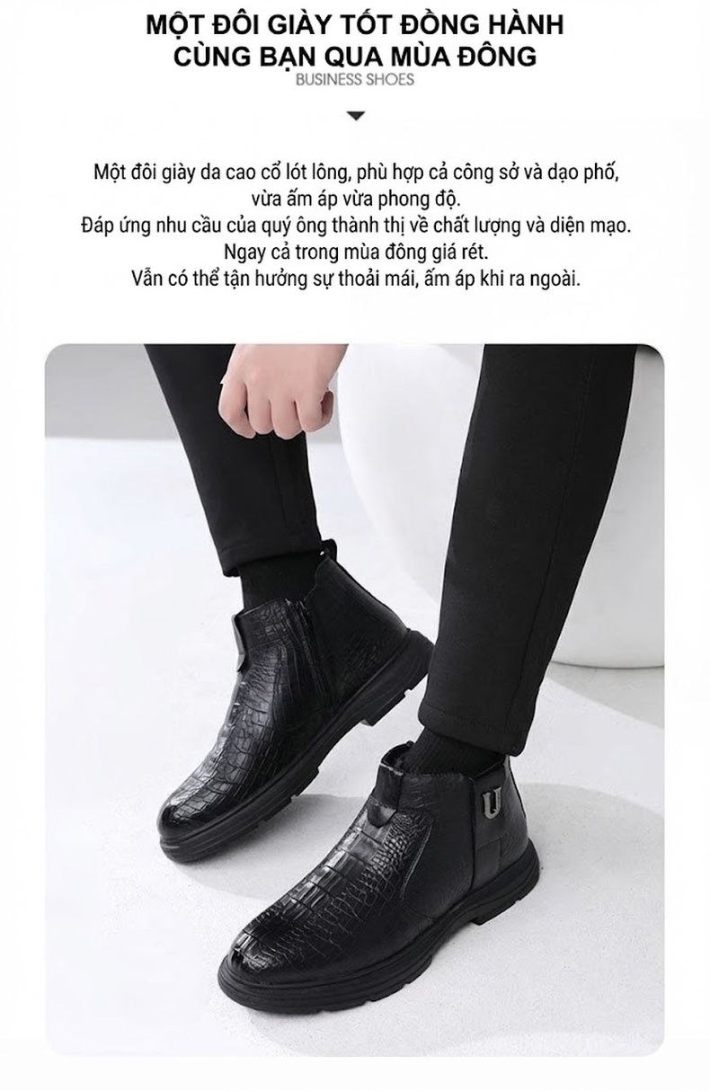 Boot Nam Da Thật Cao Cổ Lót Lông Cừu Giữ Ấm Chiều Cao Đế Khoảng 4cm Màu Đen, Nâu chi tiết 2