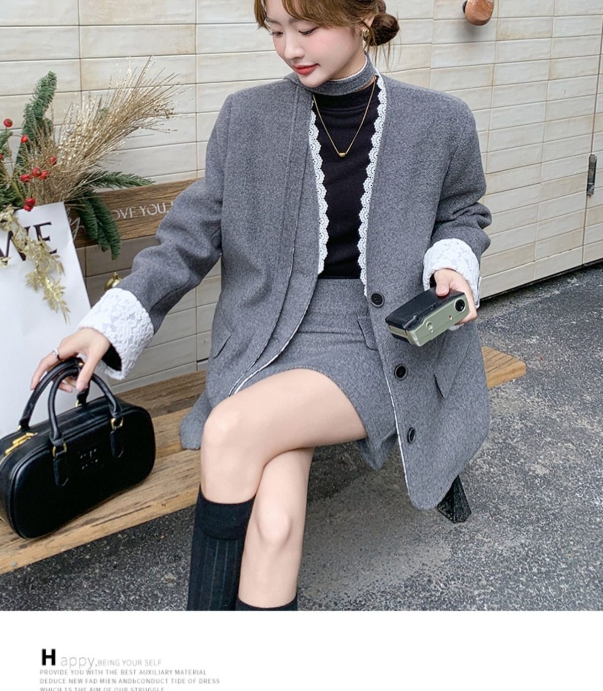 Bộ Áo Blazer Quần Short Nữ Vải Lông Cừu Phong Cách Tiểu Thư Hàn Quốc Lót Lông Vũ Dày Dặn Màu Xám chi tiết 24