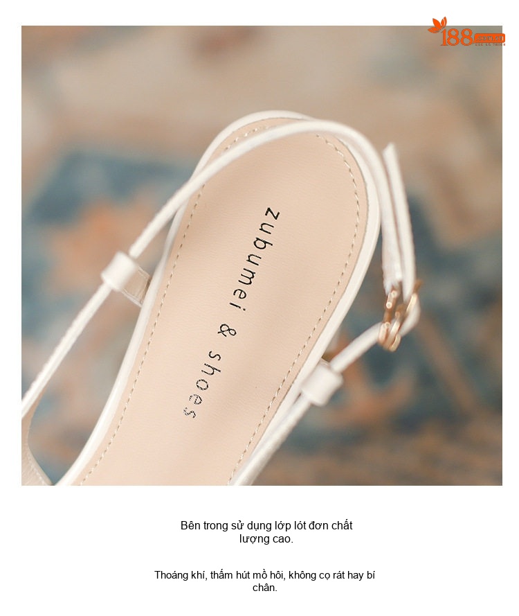 Giày Sandal Cao Gót Nữ Hở Gót Quai Mảnh Khóa Kim Loại Gót Vuông Da Bóng Gót Cao 7cm - 8cm Màu Đỏ, Kem, Nude chi tiết 4