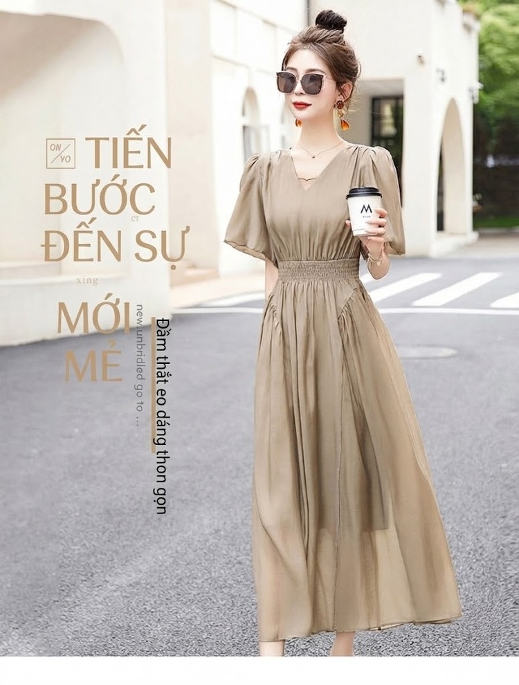 Váy Dài Nữ Cổ chữ V Thun Eo, Tay Ngắn, Xòe Lớn Phong Cách Hàn Quốc Màu Nâu, Xanh Olive chi tiết 1