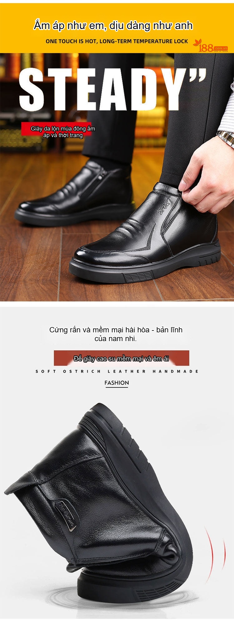 Giày Cao Cổ Nam Da Thật Lót Lông Cừu Giữ Ấm Chiều Cao Đế Khoảng 3cm Màu Đen chi tiết 5