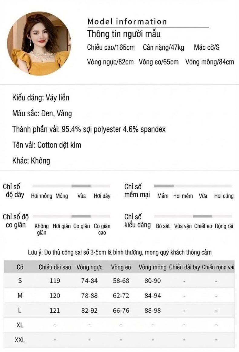 Váy Dài Qua Gối Tay Bèo Nhún Dáng Ôm Xẻ Tà Màu Vàng, Đen chi tiết 2