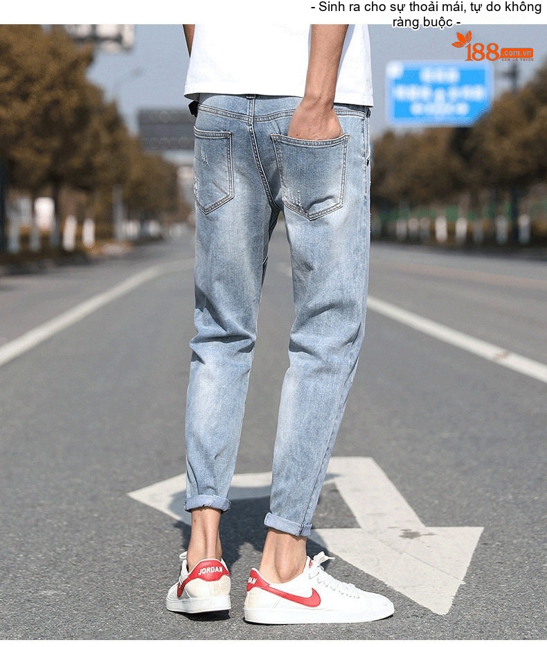 Quần Jean Nam Dáng Slim Fit Ống Lửng Phong Cách Casual Màu Xanh chi tiết 9