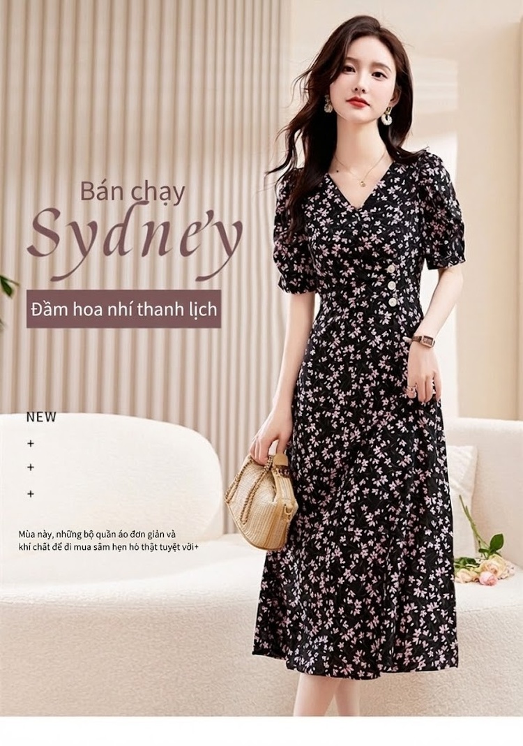 Váy liền thân Nữ Cổ chữ V tay bồng họa tiết hoa nhí dáng dài thanh lịch Màu Đen, Xanh chi tiết 1