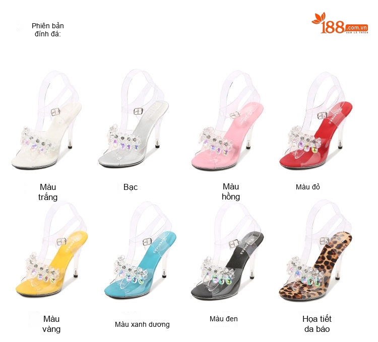 Giày Sandal Cao Gót Nữ Quai Trong Suốt Đính Đá Gót Cao 11cm Màu Đen, Trắng, Hồng, Vàng... chi tiết 3