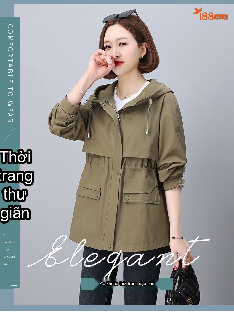 Áo Khoác Gió Nữ Dáng Ngắn Có Mũ Trùm Đầu Dây Rút Màu Xanh Olive chi tiết 1