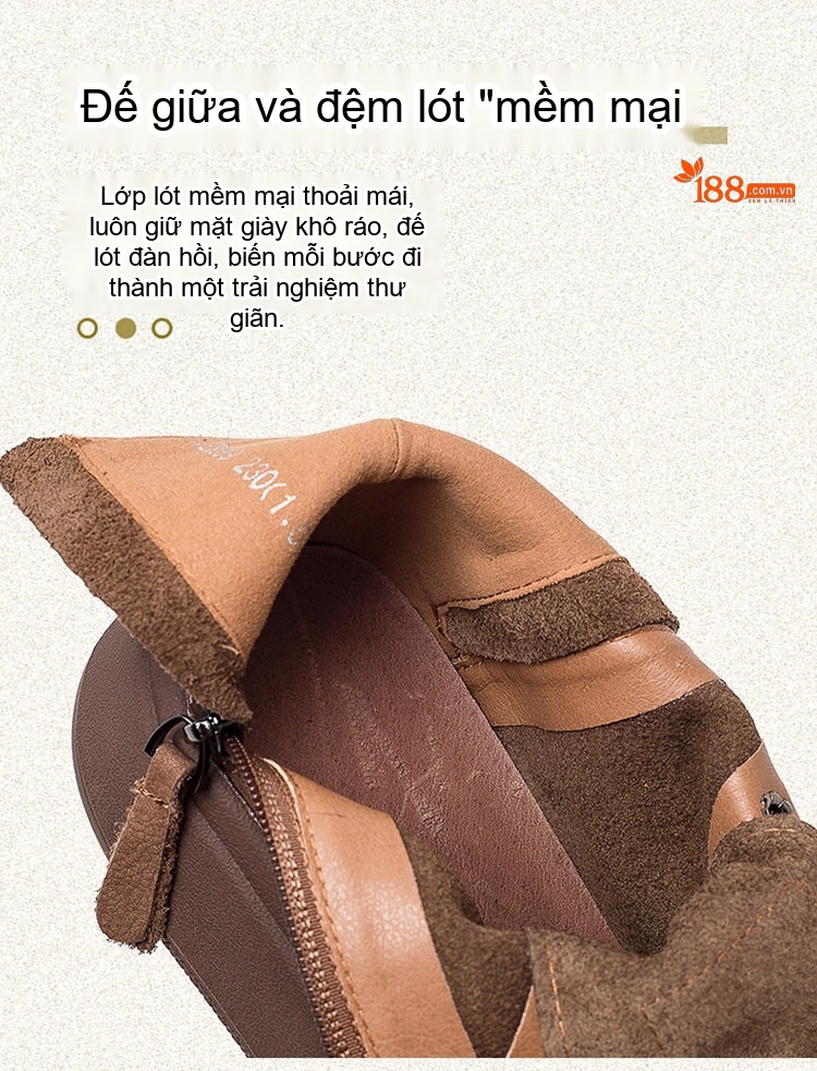Giày Cao Cổ Nữ Da Bò Mũi Tròn Đế Dày Chiều Cao Đế Khoảng 3cm Khóa Kéo Bên Hông Màu Nâu, Đỏ Rượu chi tiết 6