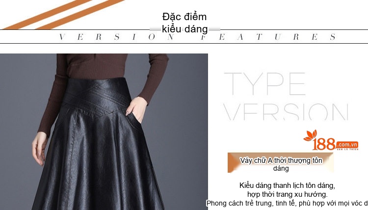 Chân Váy Chữ A Lưng Cao Da Bóng Dáng Xòe Dài Qua Gối Màu Đen chi tiết 5