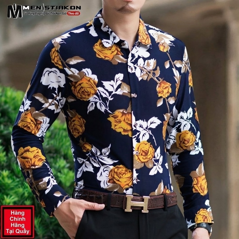 Áo Sơ Mi Dài Tay Nam Trung Niên Họa Tiết Hoa Mùa Xuân Mỏng Thoáng Mát Co Giãn Màu Xanh Navy, Đỏ, Trắng, Vàng...