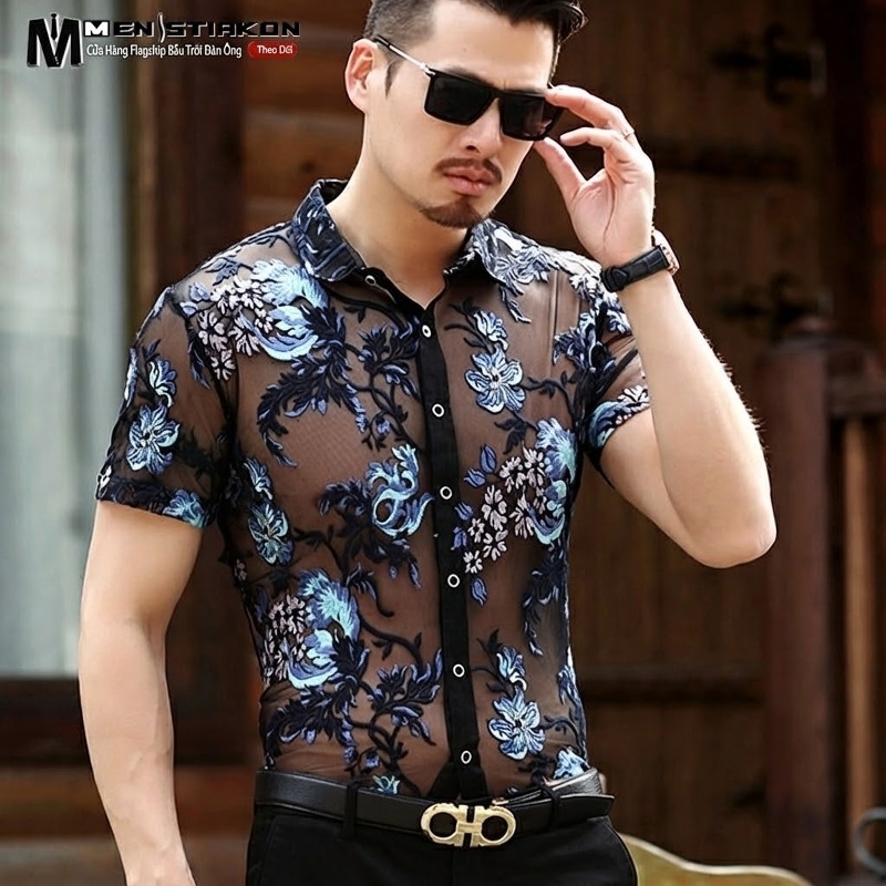 Áo Sơ Mi Nam Tay Ngắn Thêu Hoa Mỏng Thoáng Mát Phong Cách Trung Niên Màu Đen, Xanh Dương, Cam, Trắng...