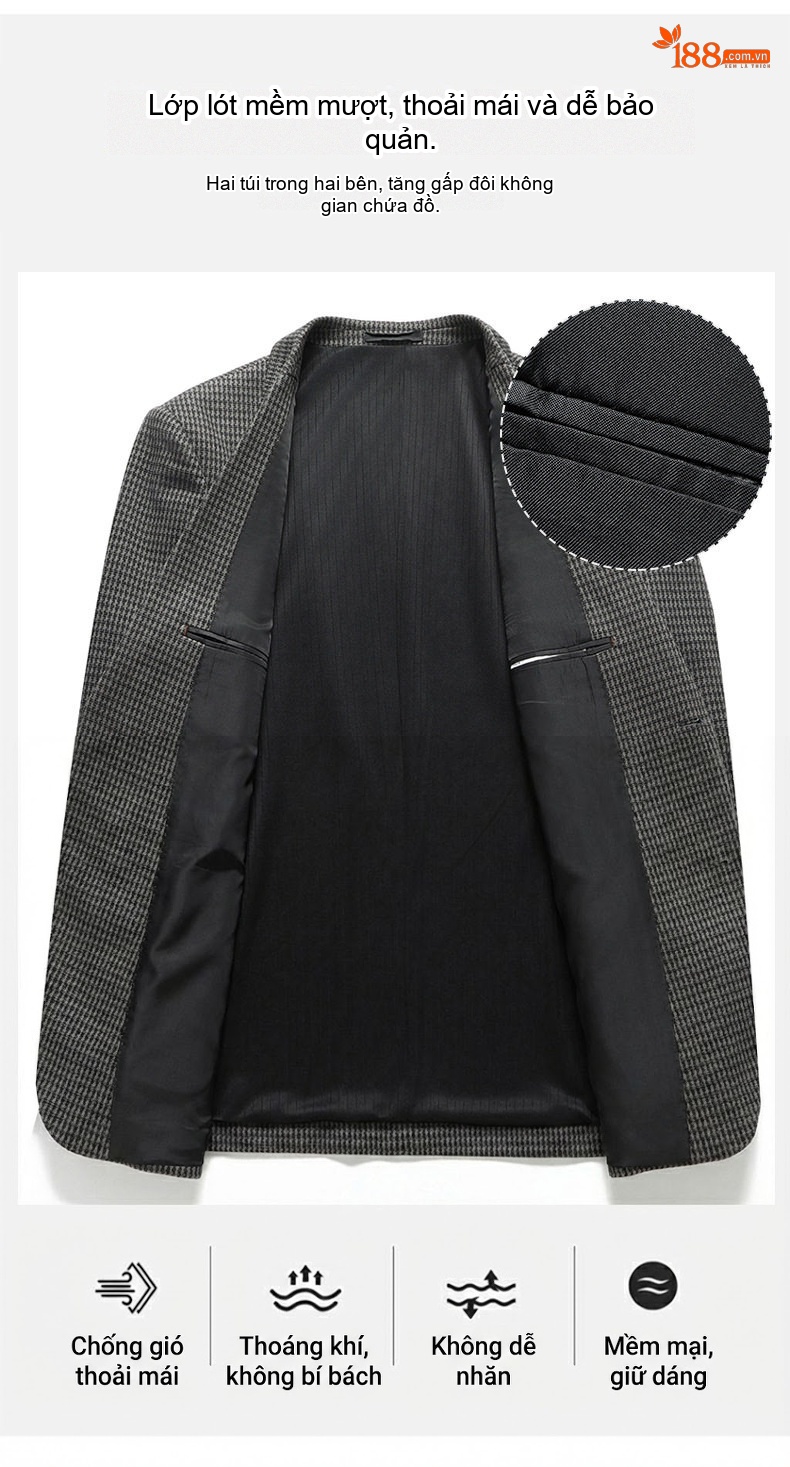 Áo Blazer Nam Thu Đông Dáng Ôm Co Giãn Chống Nhăn Màu Xám chi tiết 8