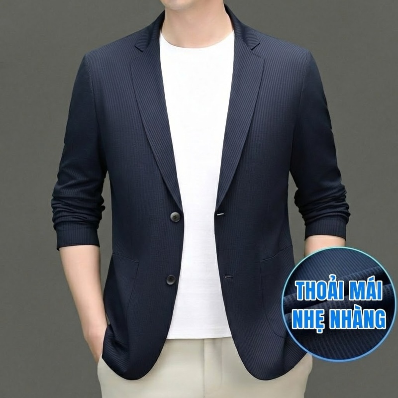 Áo Blazer Nam Vải Dệt Mỏng Dáng Ôm Phong Cách Hàn Quốc Màu Đen, Xám, Xanh Navy
