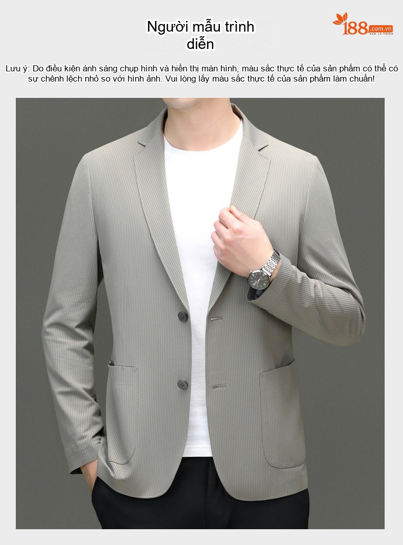 Áo Blazer Nam Vải Dệt Mỏng Dáng Ôm Phong Cách Hàn Quốc Màu Đen, Xám, Xanh Navy chi tiết 5
