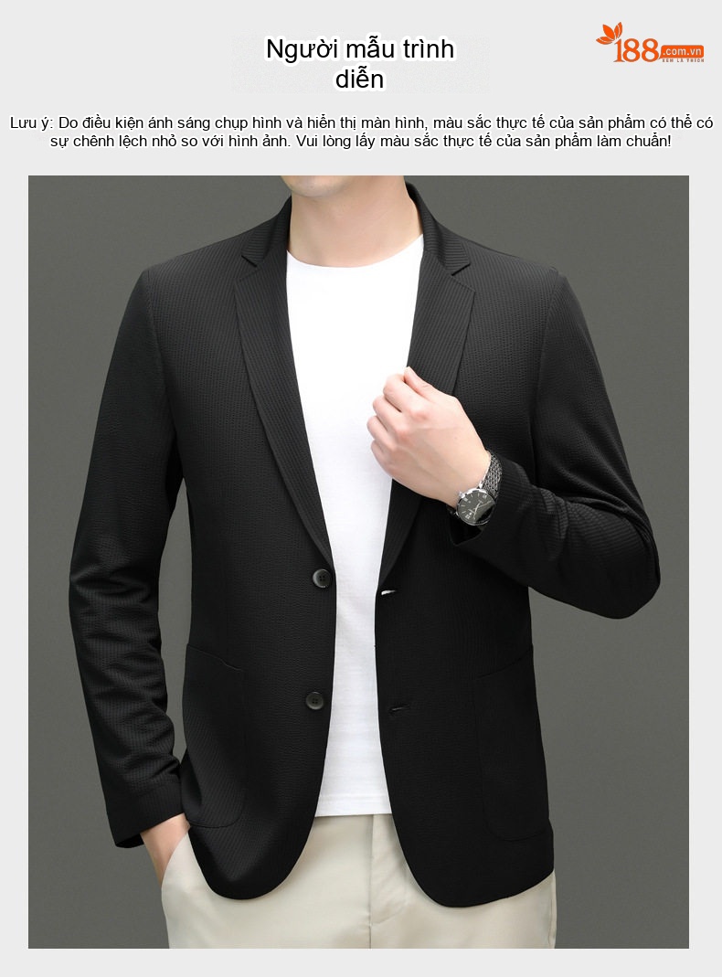 Áo Blazer Nam Vải Dệt Mỏng Dáng Ôm Phong Cách Hàn Quốc Màu Đen, Xám, Xanh Navy chi tiết 18