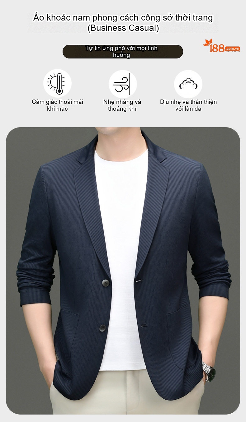 Áo Blazer Nam Vải Dệt Mỏng Dáng Ôm Phong Cách Hàn Quốc Màu Đen, Xám, Xanh Navy chi tiết 1