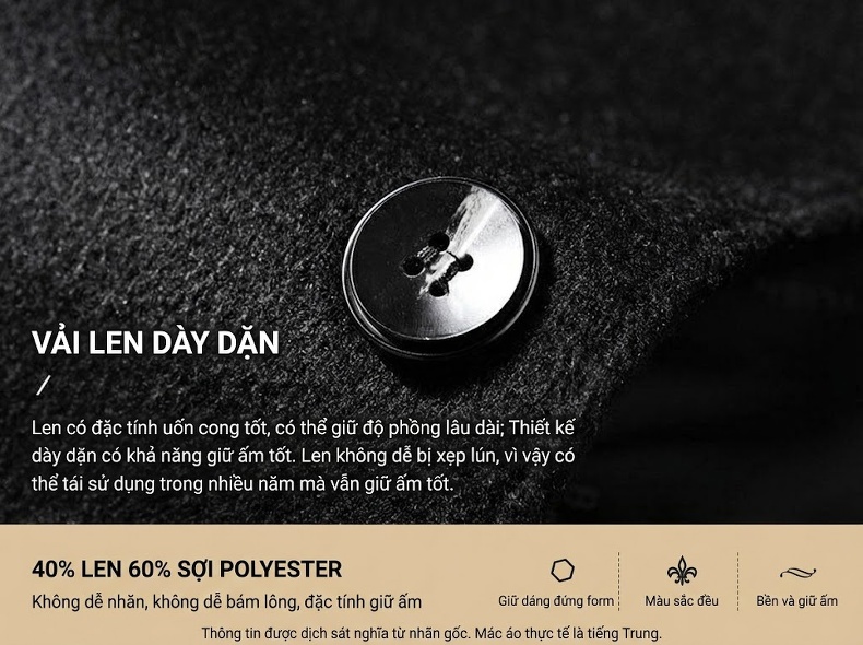 Áo Blazer Nam Wool (Lông Cừu) Dáng Ôm Vừa Chống Nhăn Phong Cách Doanh Nhân Màu Đen chi tiết 5