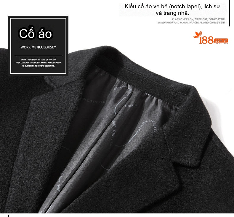 Áo Blazer Nam Wool (Lông Cừu) Dáng Ôm Vừa Chống Nhăn Phong Cách Doanh Nhân Màu Đen chi tiết 14