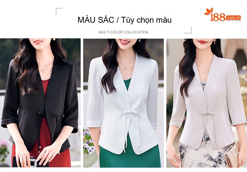 Áo Blazer Nữ Cổ chữ V, Tay Lỡ, Khuy Cài, Dáng Ôm Chất Liệu Vải Axetat Màu Đen, Trắng chi tiết 3