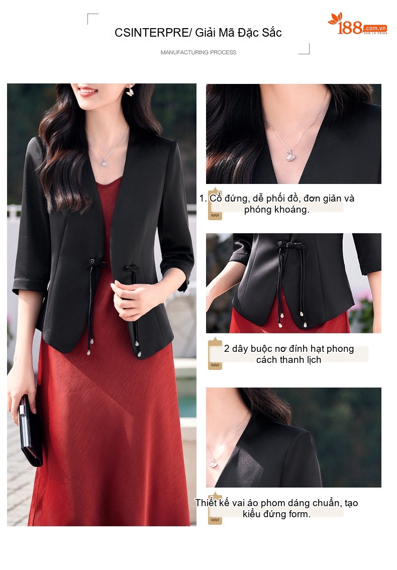 Áo Blazer Nữ Cổ chữ V, Tay Lỡ, Khuy Cài, Dáng Ôm Chất Liệu Vải Axetat Màu Đen, Trắng chi tiết 4