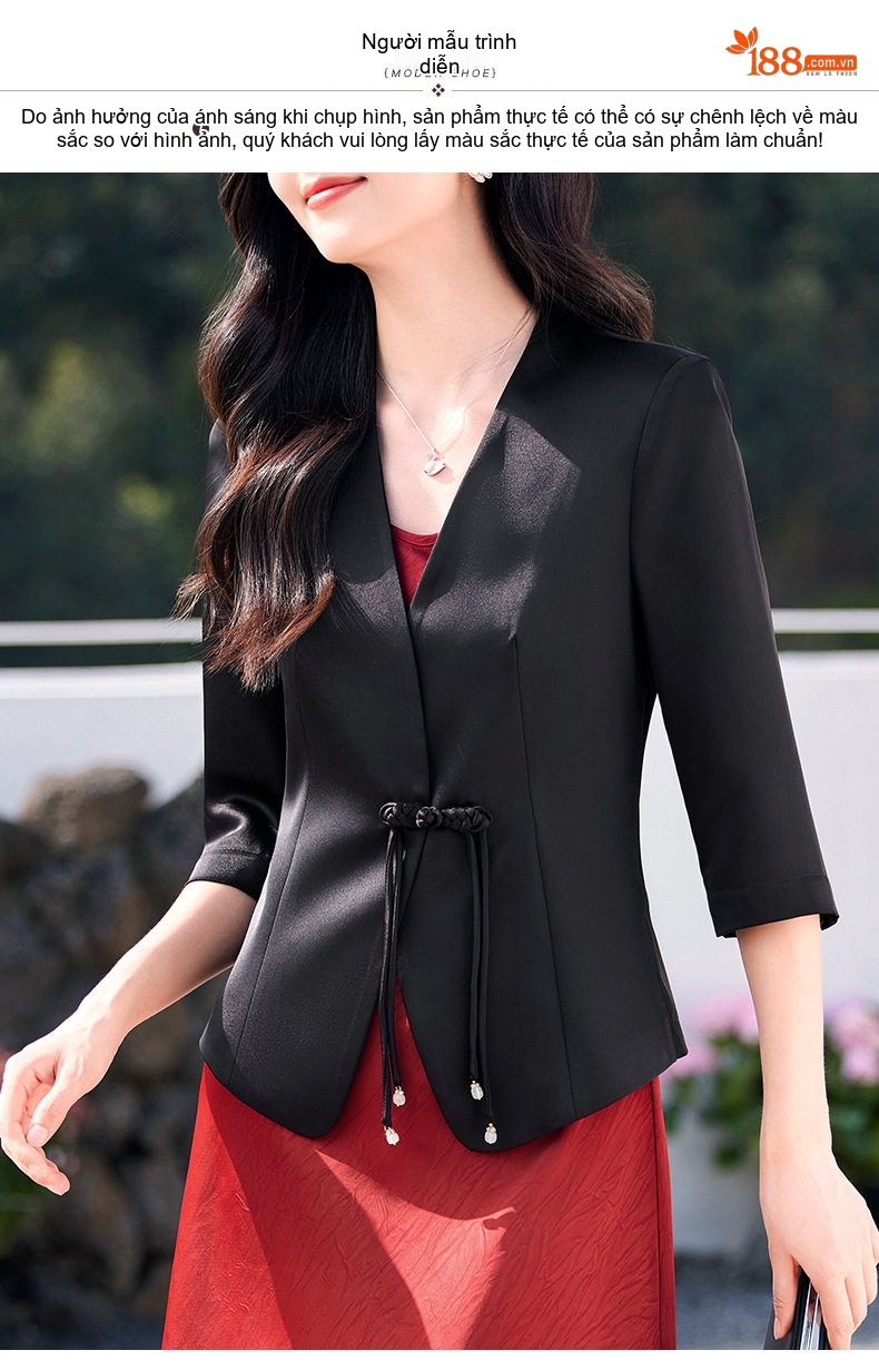 Áo Blazer Nữ Cổ chữ V, Tay Lỡ, Khuy Cài, Dáng Ôm Chất Liệu Vải Axetat Màu Đen, Trắng chi tiết 5