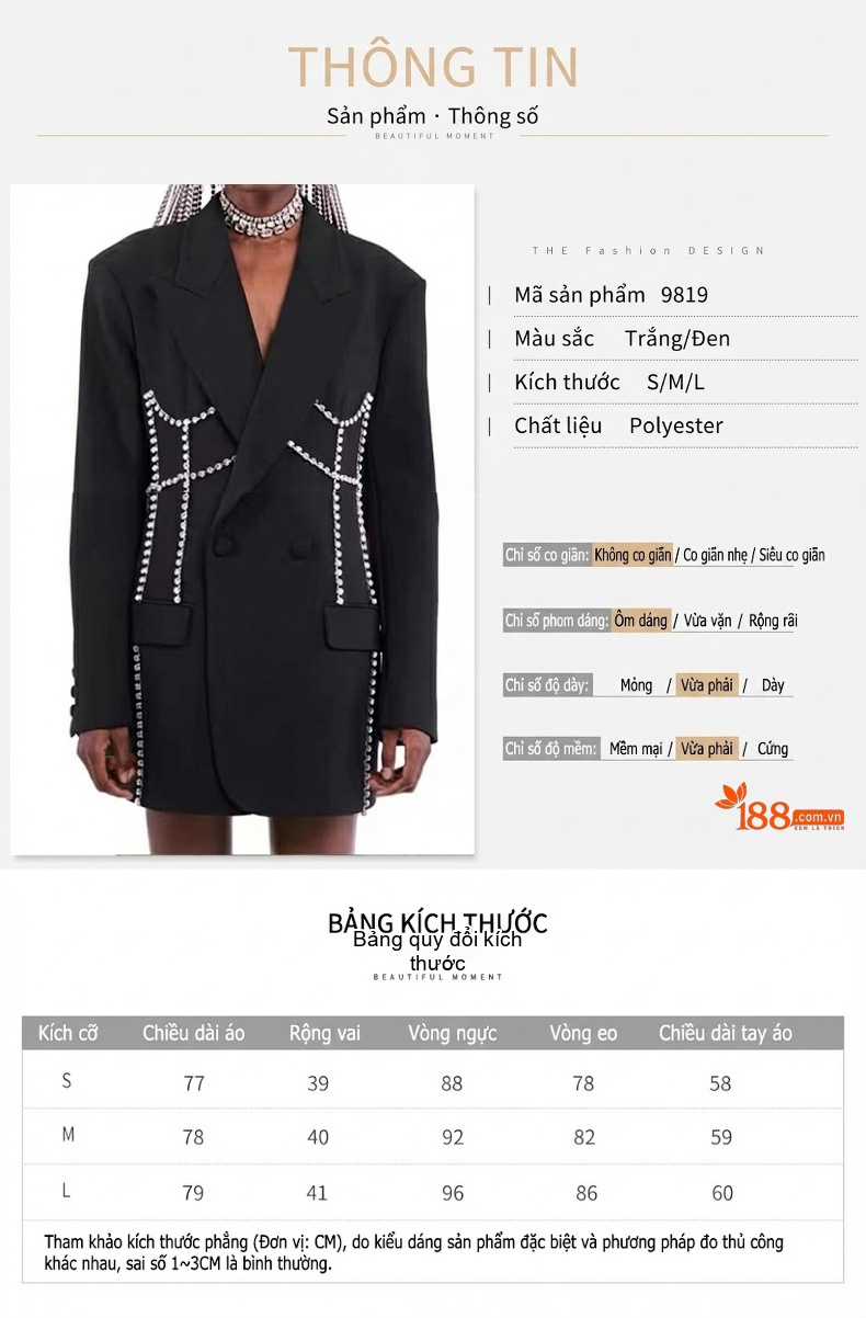 Áo Blazer Nữ Dáng Váy Đính Đá Thiết Kế Thời Trang Màu Trắng, Đen chi tiết 1