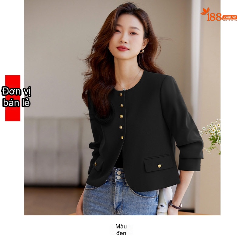 Áo Blazer Nữ Form Nhỏ Không Cổ Phong Cách Tiểu Thư Màu Đen, Trắng, Nâu