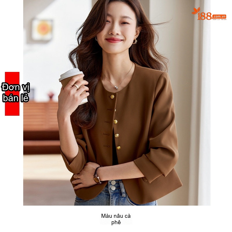 Áo Blazer Nữ Form Nhỏ Không Cổ Phong Cách Tiểu Thư Màu Đen, Trắng, Nâu