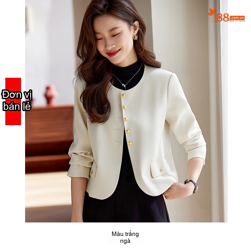 Áo Blazer Nữ Form Nhỏ Không Cổ Phong Cách Tiểu Thư Màu Đen, Trắng, Nâu