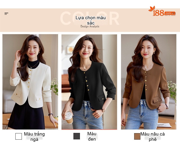 Áo Blazer Nữ Form Nhỏ Không Cổ Phong Cách Tiểu Thư Màu Đen, Trắng, Nâu chi tiết 3