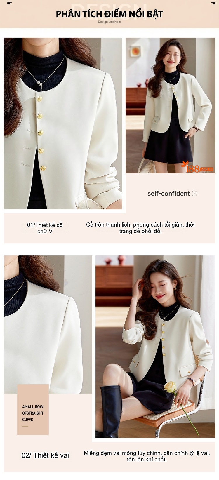 Áo Blazer Nữ Form Nhỏ Không Cổ Phong Cách Tiểu Thư Màu Đen, Trắng, Nâu chi tiết 4
