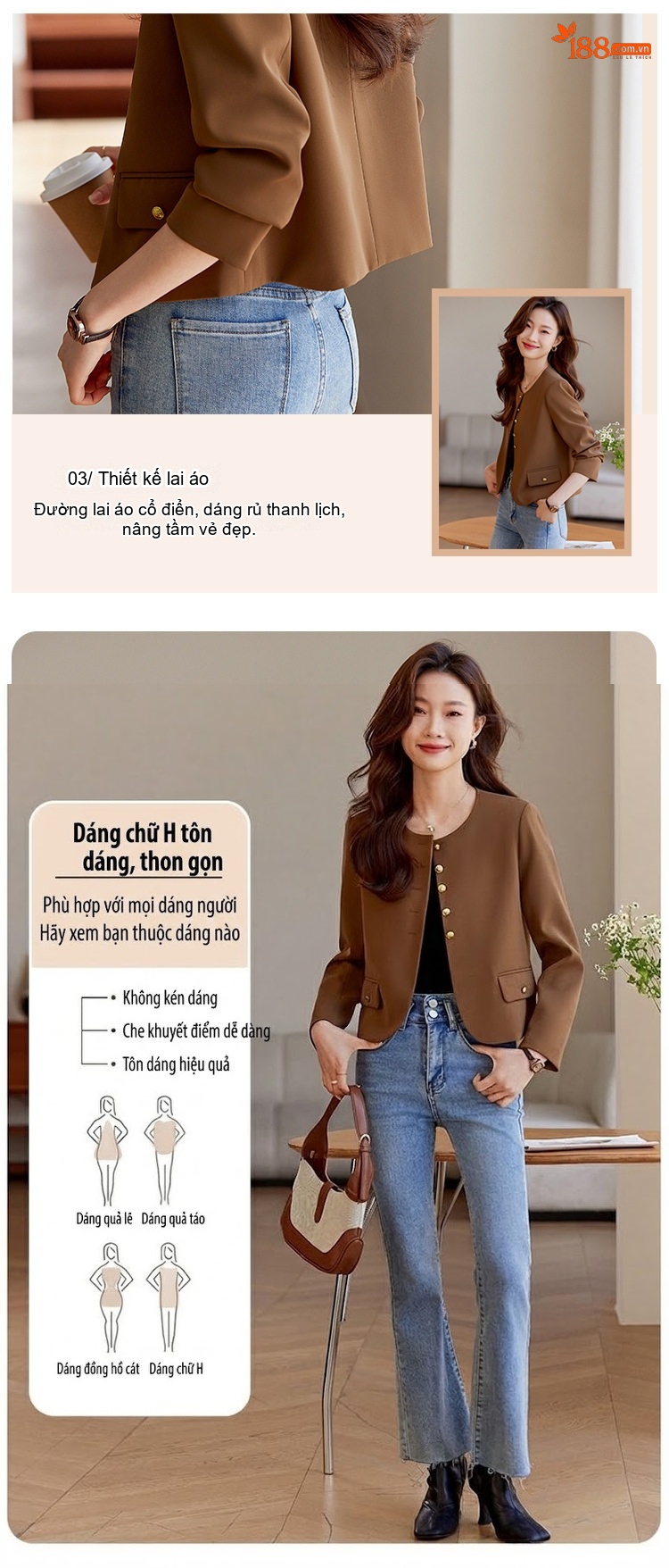 Áo Blazer Nữ Form Nhỏ Không Cổ Phong Cách Tiểu Thư Màu Đen, Trắng, Nâu chi tiết 5
